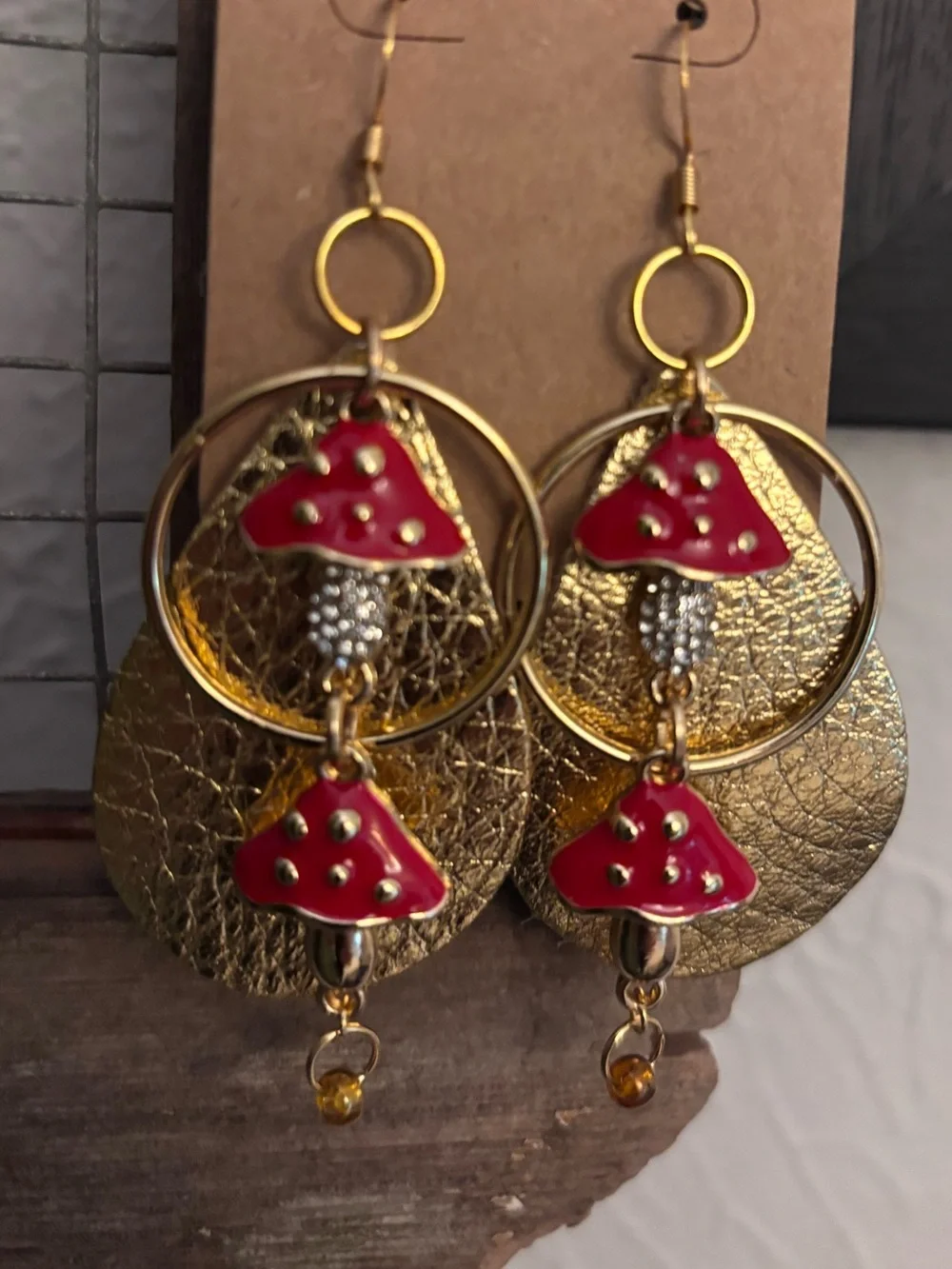 Gold-Tone Red enameled Mushroom Drop Earrings
